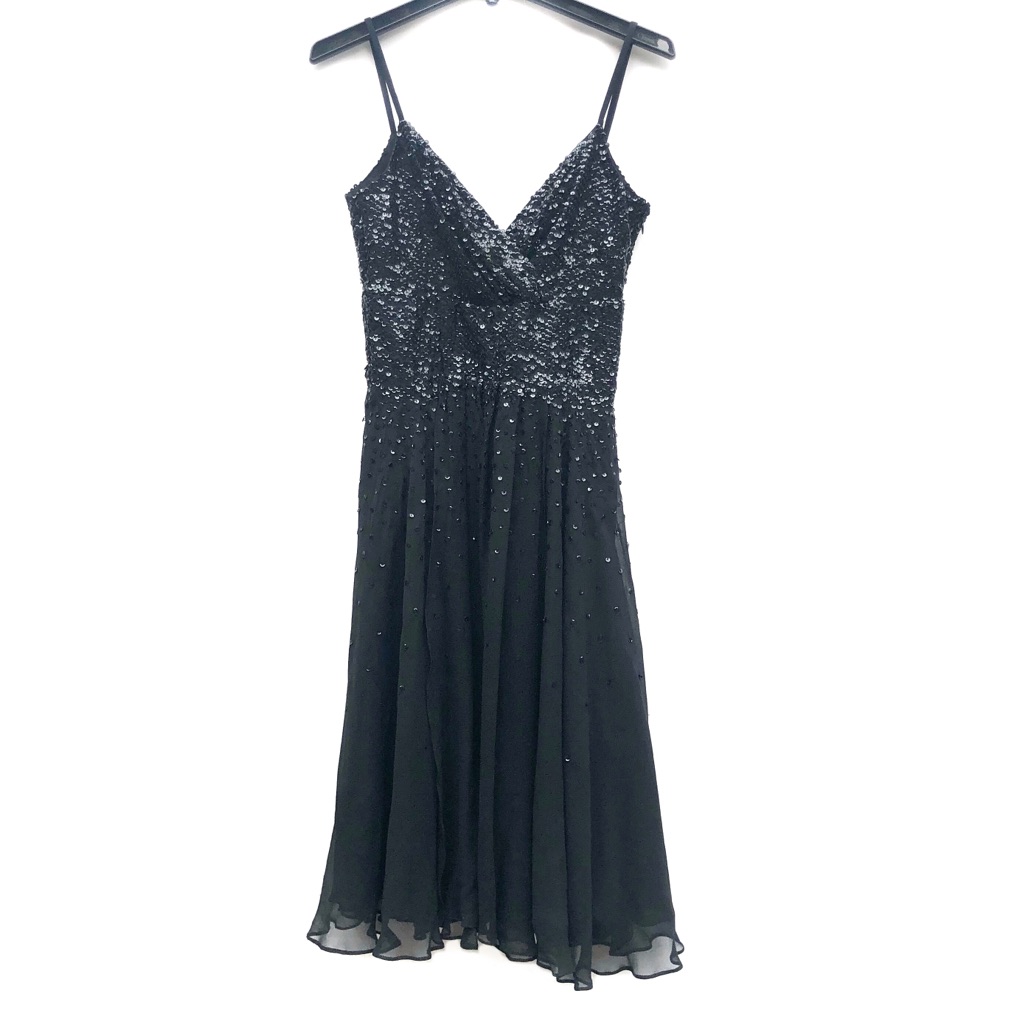Nwt Monsoon Sequined Chiffon Cami Cocktail Ruffled Midi Little Black Dress 4